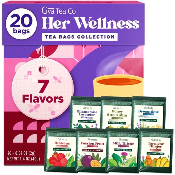 Gya Tea Co Her Wellness Tea Bags Collection (20 Bags) - 7 Flavors Assorted Tea Variety Pack Gift Set with Citrus Mint, Hibiscus, Chamomile & Ginger - Fruit & Herbal Blends