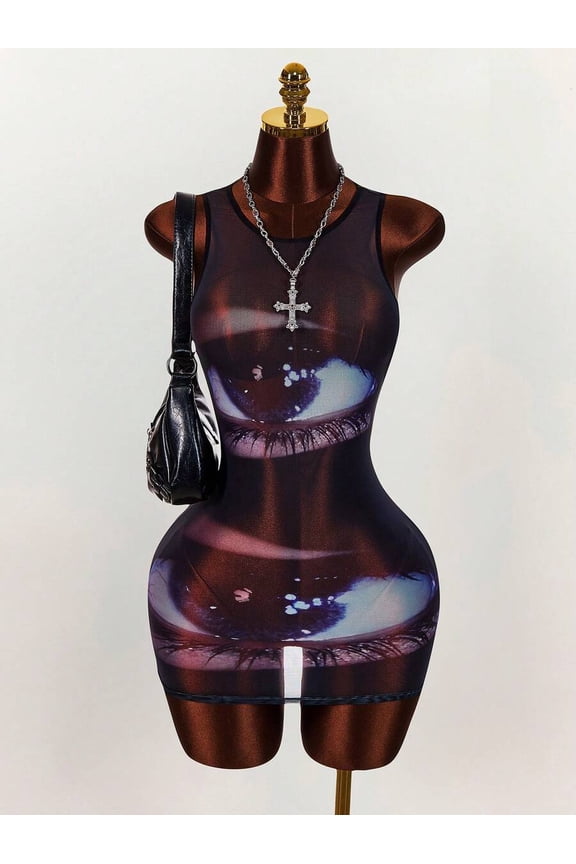 Gyaru Style Rave Outfits Festival Lip Print Sheer Bodycon Mini Dress