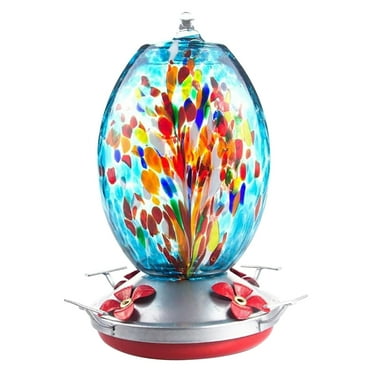 BirdKiss 28 oz Hand Blown Glass Hummingbird Feeder with Ant Moat Hook ...