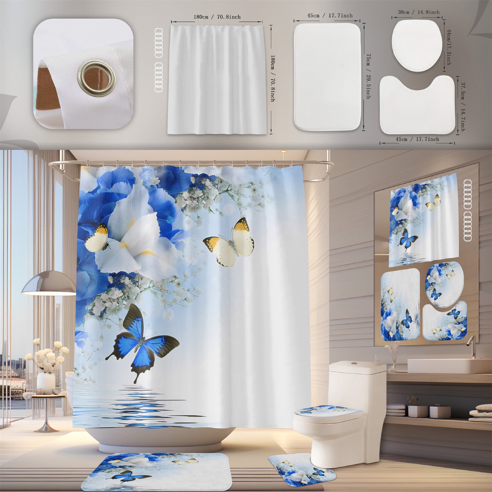 Gyedtr Bright Color Bathroom Sets with Shower Curtain and Non-Slip Rugs and Toilet Lid Cover ...