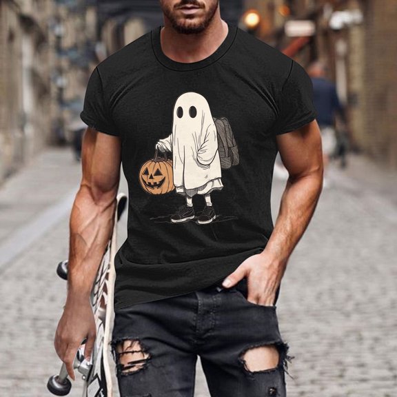 Gyedtr Men's Tops Short Sleeve Plus Size Tops Men's Halloween Printed Round Neck Short Sleeved Blouses/T-Shirt Men's Tops Casual