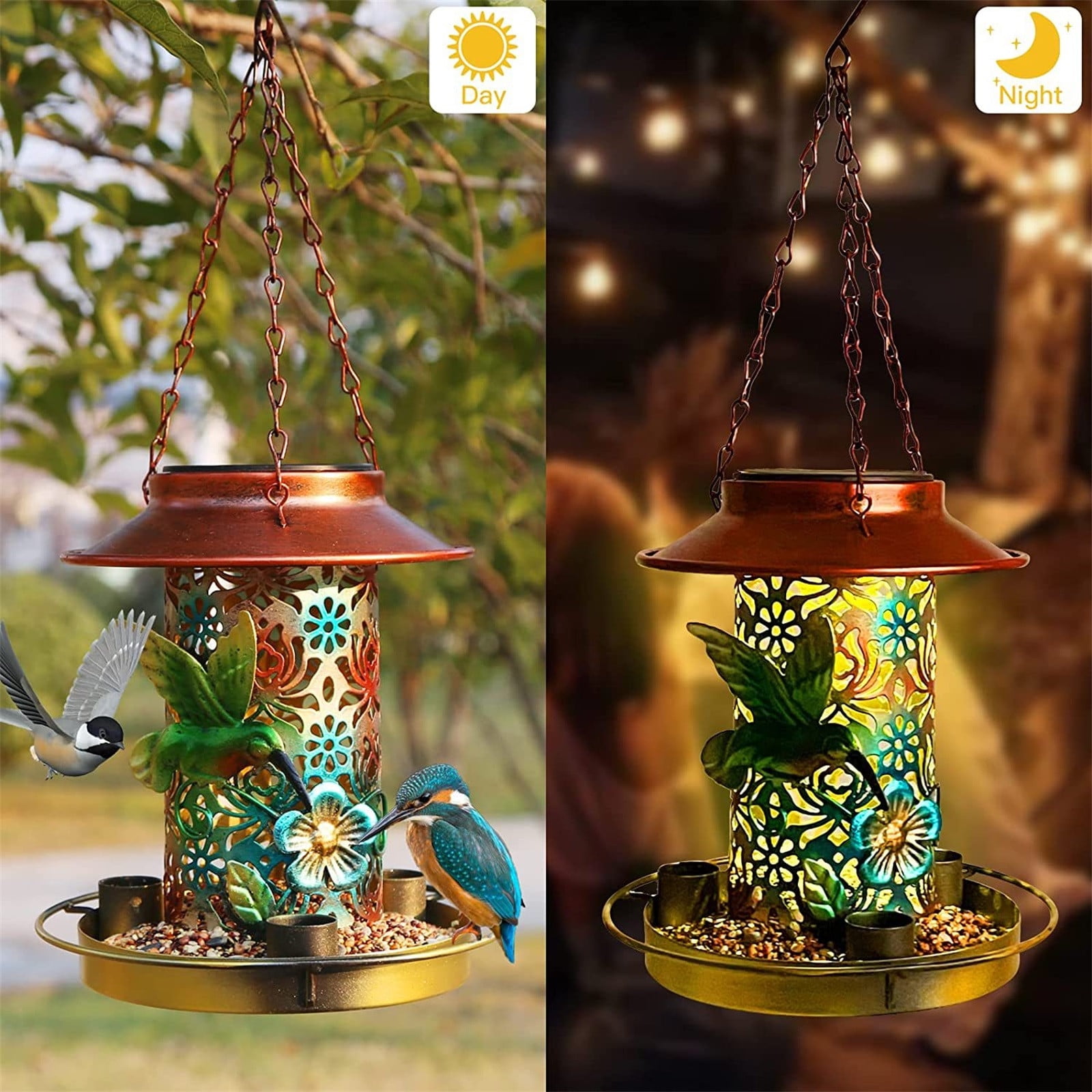 Gyedtr Outdoor Solar-Powered LED Wrought Iron Bird Feeder with Hanging Designs & Night Lighting, Antique Style with Lamp Pillar Shape and Carving Hollow Patterns