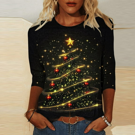 Gyedtr Sweatshirts Cute Hoodies Ladies Black Christmas Print Round Neck Three Quarter Sleeve 3/4 Sleeve T-Shirt Loose Top Long Sleeved Round Neck Top/Shirt Hoodies For Women