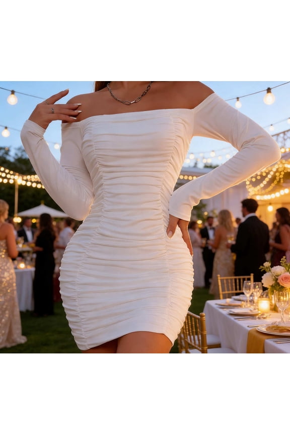 Women's Off Shoulder Ruched Bodycon Dress, Long Sleeve Slim Mini Dress, Stretchy Solid Dresses, Elegant Tight Fitted Cocktail Dress for Club Night Out, Casual Daily Wear
