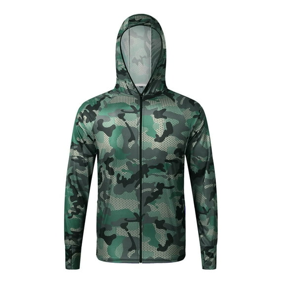 Gyex UPF 50+ Sun Protection Fishing Shirts for Men Long Sleeve with Hood Zip Up Camouflage Lightweight Tops Summer Clothing CE3, Size L
