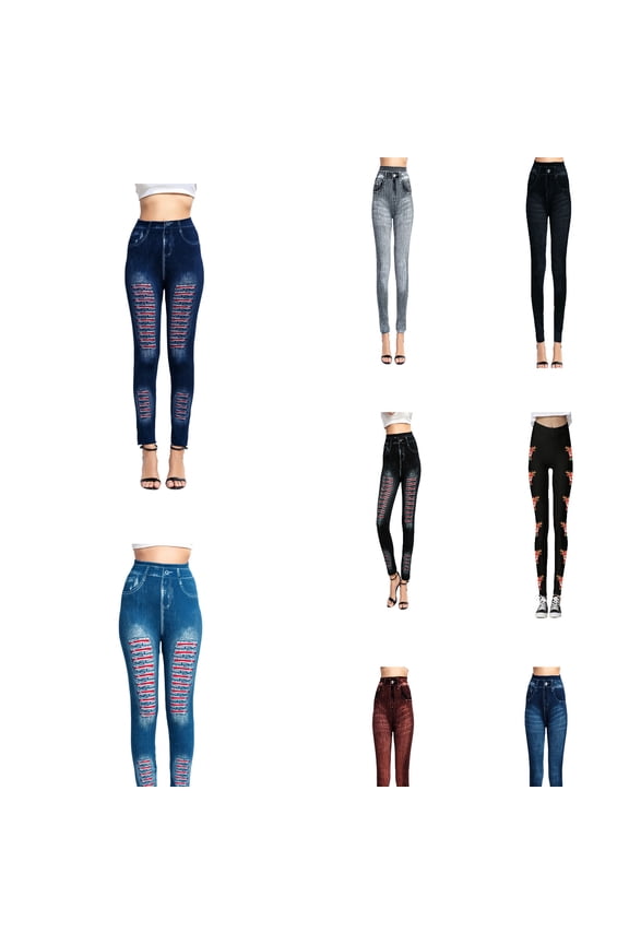 1822 Denim Jeans for Women Seamless Leggings Ripped High Waist Stretchy Jeggings Trousers Pants #03 Black & Size XL