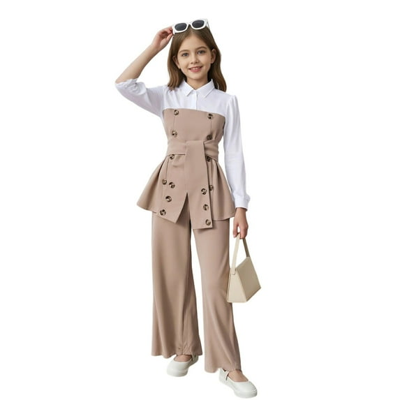 Gyexs 2 Piece Outfits for Girls Size 7-12 Color Block Fall Winter Clothes Casual Formal Tops Wide Leg Pants (Khaki, 9-10 Years)