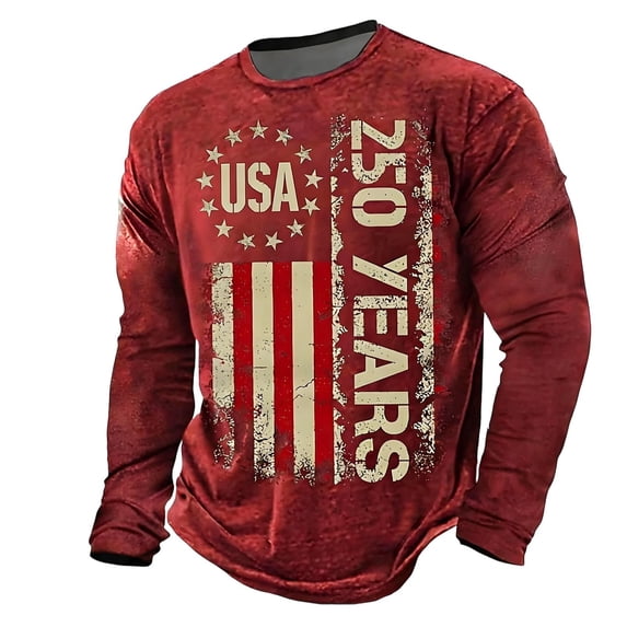 Gyexs 250 Anniversary USA Shirt for Men 250 Year Flag Print 250th Birthday T-Shirt Casual Crewneck Long Sleeve Tops #02 Red, Size XXL