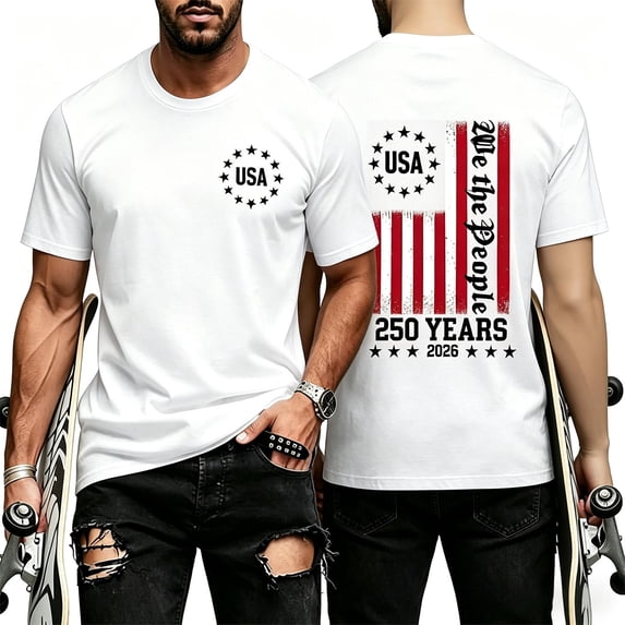 Gyexs 250th Anniversary USA Shirt Mens Fashion Flag Print Graphic Tee Summer Activewear White, Size L