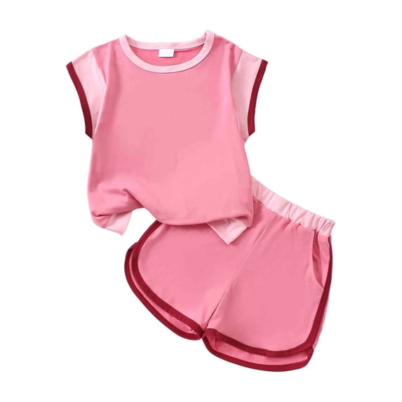 Gyexs 3T Girls Clothes Patchwork Short Sleeve Tops Elastic Waist Short Sets with Pockets Pink 3-4 Years