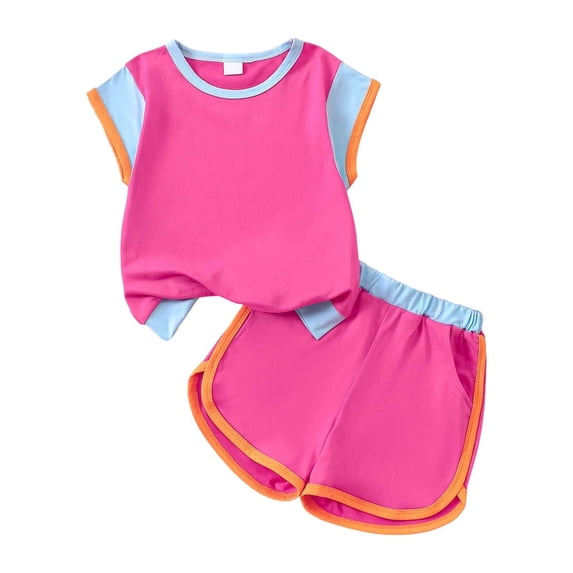Gyexs 5T Girls Back to School Outfits Patchwork Short Sleeve Tops Elastic Waist Short Sets with Pockets Red 5-6 Years