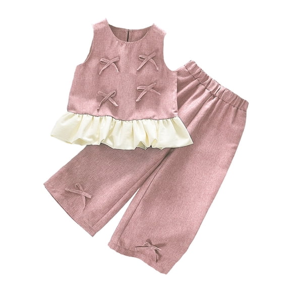 Gyexs 5T Girls Clothes Sleeveless Bow Crop Top Wide Leg Linen Pants 2026 Summer Cute Clothes #08 Pink 5-6 Years