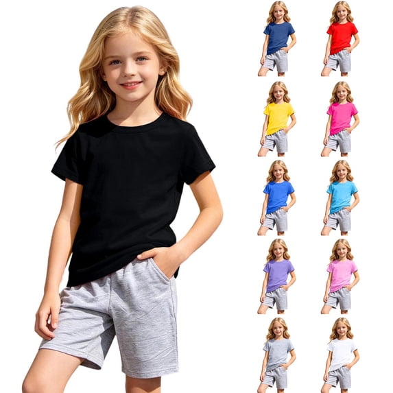 Gyexs 9-10Y Girls School Clothes Solid Short Sleeve Tops Shorts 2 Piece Casual Clothing Sets Red 9-10 Years