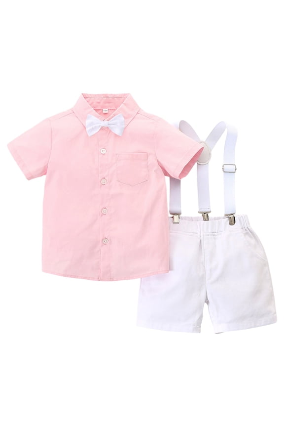 Baby Boy Easter Outfit Gentleman Wedding Outfits Short Sleeve Button Down Dress Shirts Bowtie Suspender Pants Toddler Kids Boys Suits Pink 4-5 Years