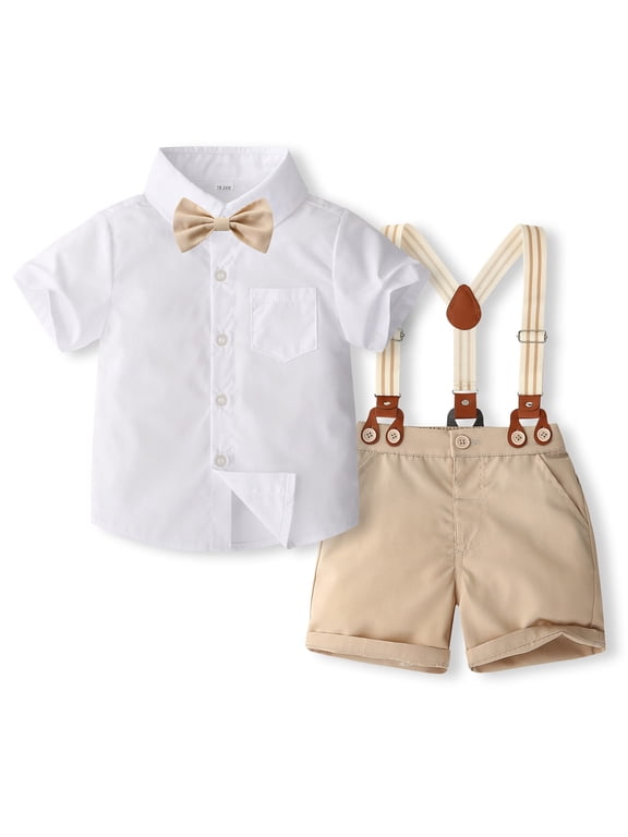 Baby Boy Easter Outfit Gentleman Wedding Outfits Short Sleeve Button Down Dress Shirts Bowtie Suspender Pants Toddler Kids Boys Suits X02 White 2-3 Years