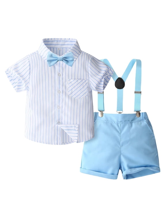 Baby Boy Easter Outfit Semi Formal Outfit Short Sleeve Button Down Dress Shirts Bowtie Suspender Pants Toddler Kids Boys Suits Blue 18-24 Months