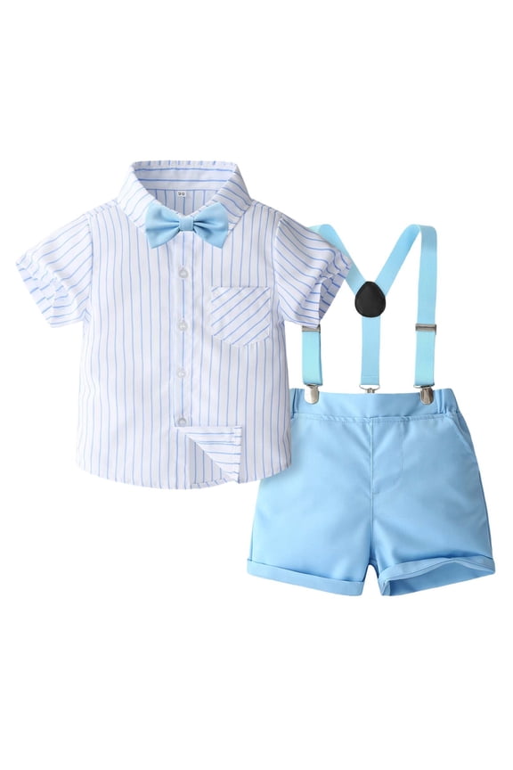 Baby Boy Easter Outfit Semi Formal Outfit Short Sleeve Button Down Dress Shirts Bowtie Suspender Pants Toddler Kids Boys Suits Blue 18-24 Months