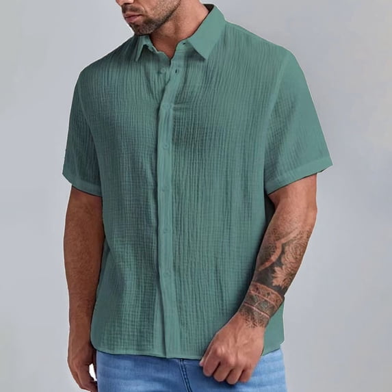 Gyexs Beach Shirts for Men Short Sleeve Green Breathable Linen Shirts Lightweight Regular Tshirt Activewear Men's Fashion, Size XXXL