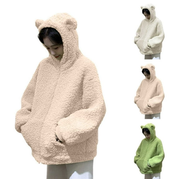 Gyexs Bear Hoodie with Ears Women Sweaters Fuzzy Warm Flannel Sweatshirt Fashion Fall Winter Homewear Clothes, Beige, Size M