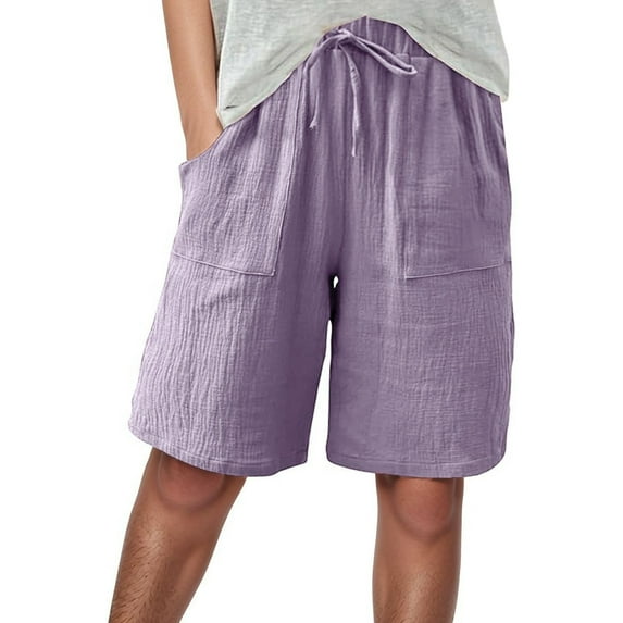 Gyexs Bermuda Shorts for Women Knee Length Elastic Waist Drawstring Loose Wide Leg Shorts Summer Casual Beach Clothes 2025 Purple