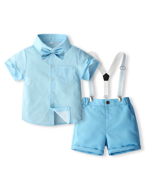 Boy Easter Outfit Gentleman Wedding Outfits Short Sleeve Button Down Dress Shirts Bowtie Suspender Pants Toddler Kids Boys Suits Blue 12-24 Months