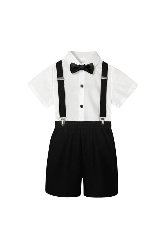 Boy Easter Outfit Semi Formal Outfit Short Sleeve Button Down Dress Clothes Bowtie Suspender Pants Toddler Kids Boys Suits Black 5-6 Years