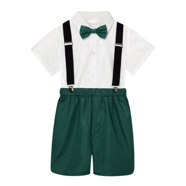 Gyexs Boy Easter Outfit Semi Formal Outfit Short Sleeve Button Down Dress Clothes Bowtie Suspender Pants Toddler Kids Boys Suits Dark Green 1 2 Years