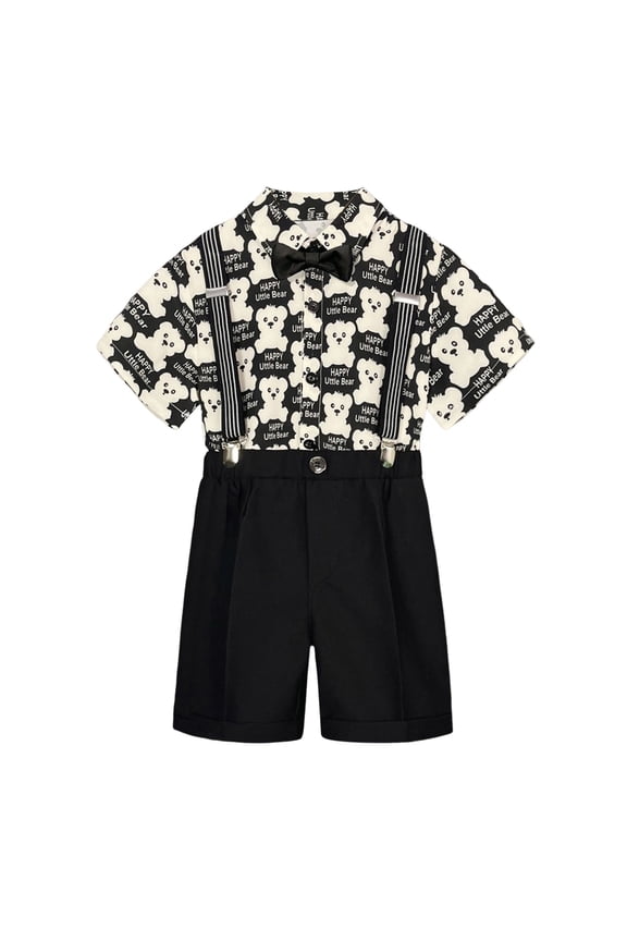 Boy Easter Outfit Semi Formal Outfit Short Sleeve Button Down Dress Shirts Bowtie Suspender Shorts Toddler Kids Boys Suits Black 2-3 Years