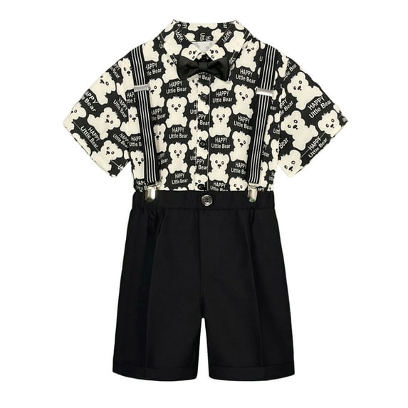 Gyexs Boy Easter Outfit Semi Formal Outfit Short Sleeve Button Down Dress Shirts Bowtie Suspender Shorts Toddler Kids Boys Suits Black 2-3 Years