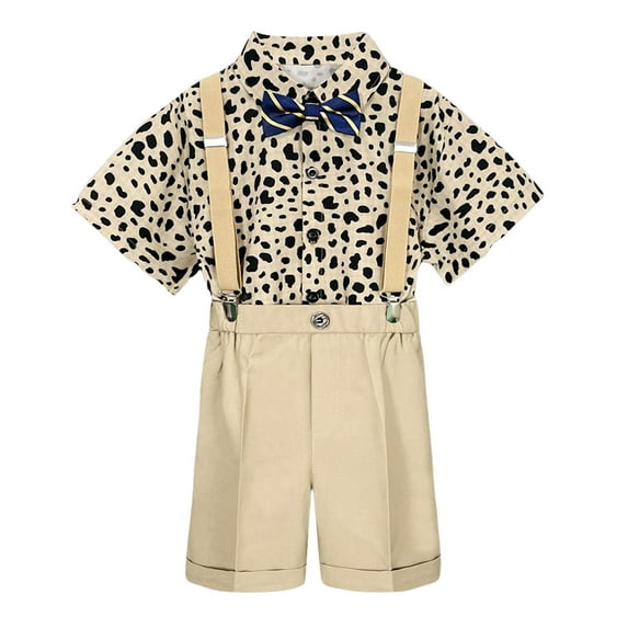 Gyexs Boy Easter Outfit Semi Formal Outfit Short Sleeve Button Down Dress Shirts Bowtie Suspender Shorts Toddler Kids Boys Suits Khaki 1-2 Years