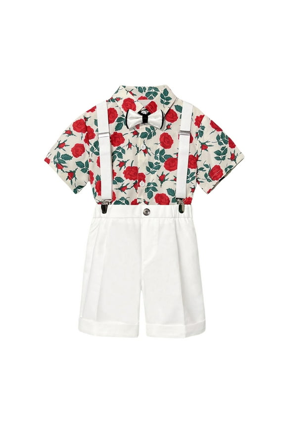 Boy Easter Outfit Semi Formal Outfit Short Sleeve Button Down Dress Shirts Bowtie Suspender Shorts Toddler Kids Boys Suits Red 7-8 Years