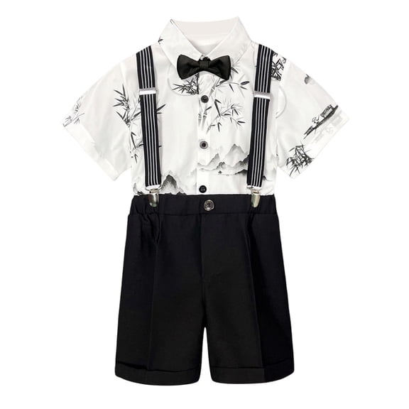 Gyexs Boy Easter Outfit Semi Formal Outfit Short Sleeve Button Down Dress Shirts Bowtie Suspender Shorts Toddler Kids Boys Suits White 7-8 Years