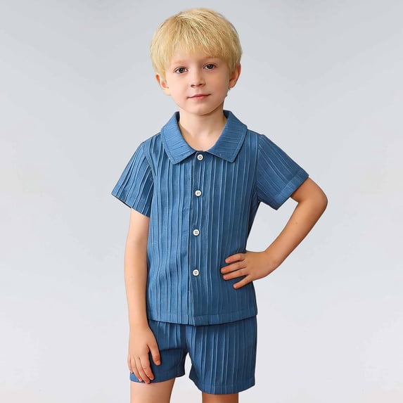 Gyexs Boys 2 Piece Summer Outfits Beach Vacation Sets Textured Linen Short Sleeve Button Down Shirts and Shorts Clothing Set Navy, 4-5 Years