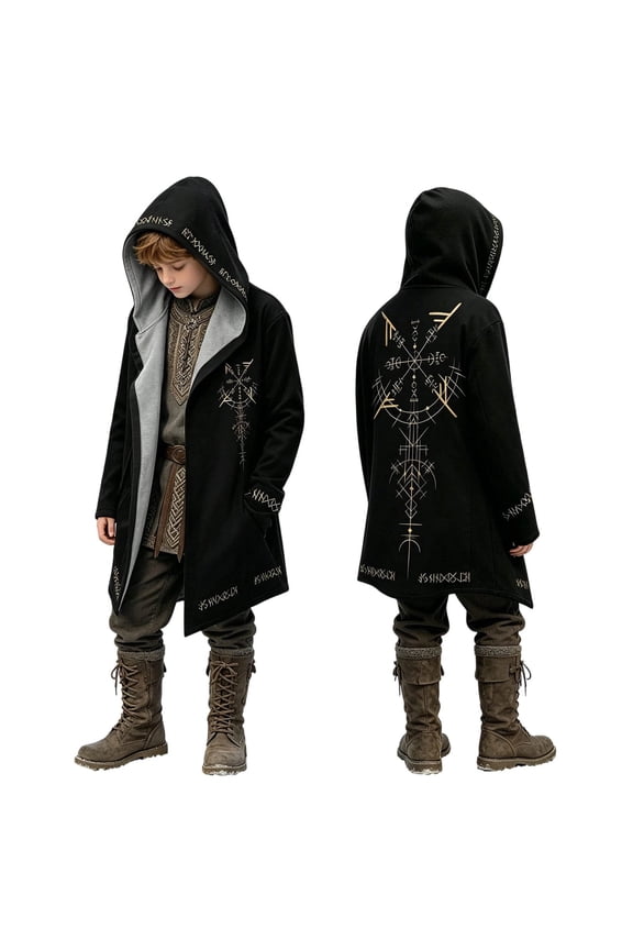 Boys Birthday Winter Coat Drape Cape Overcoat with Pockets Gothic Style Outerwear Black 9-10 Years
