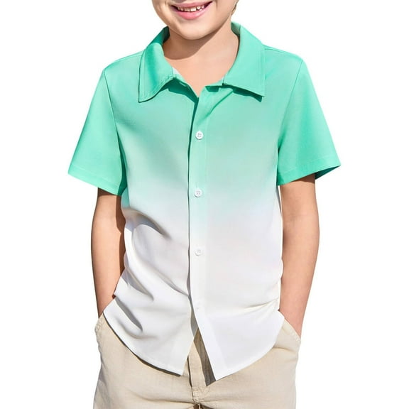 Gyexs Boys Button Down Shirts Short Sleeve Gradient Shirt Kids Summer Casual Beach Hawaiian Shirts 5-14Y (Green, 13-14 Years)