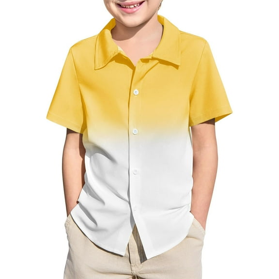 Gyexs Boys Button Down Shirts Short Sleeve Gradient Shirt Kids Summer Casual Beach Hawaiian Shirts 5-14Y (Yellow, 9-10 Years)