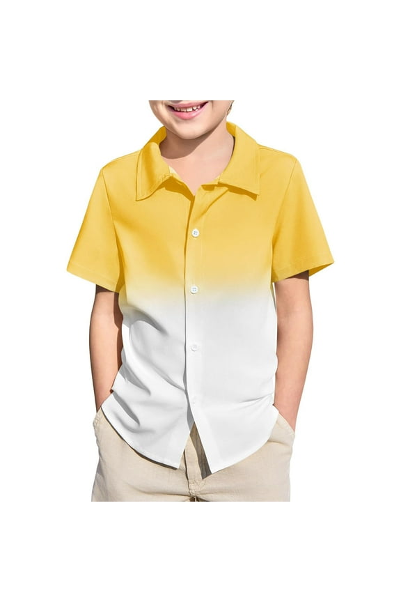 Boys Button Down Shirts Short Sleeve Gradient Shirt Kids Summer Casual Beach Hawaiian Shirts 5-14Y (Yellow, 9-10 Years)