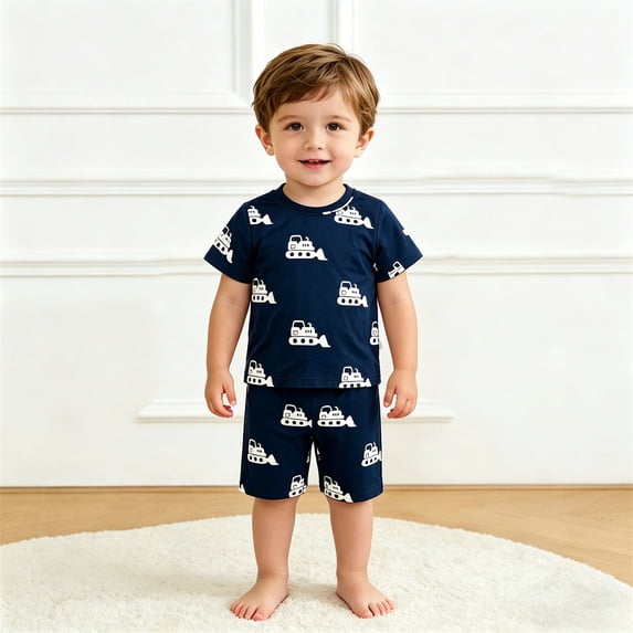 Gyexs Boys Cotton Shorts Set 2 Piece Summer Clothes Toddler Excavator Print Cute Outfits Navy, 3-4 Years