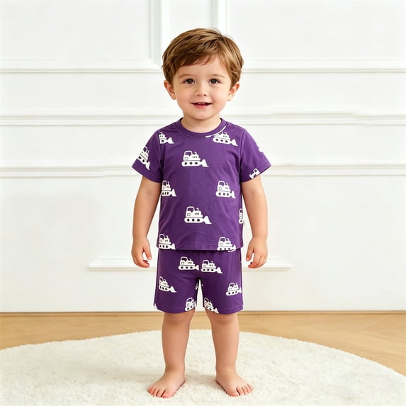 Gyexs Boys Cotton Shorts Set 2 Piece Summer Clothes Toddler Excavator Print Cute Outfits Purple, 3-4 Years