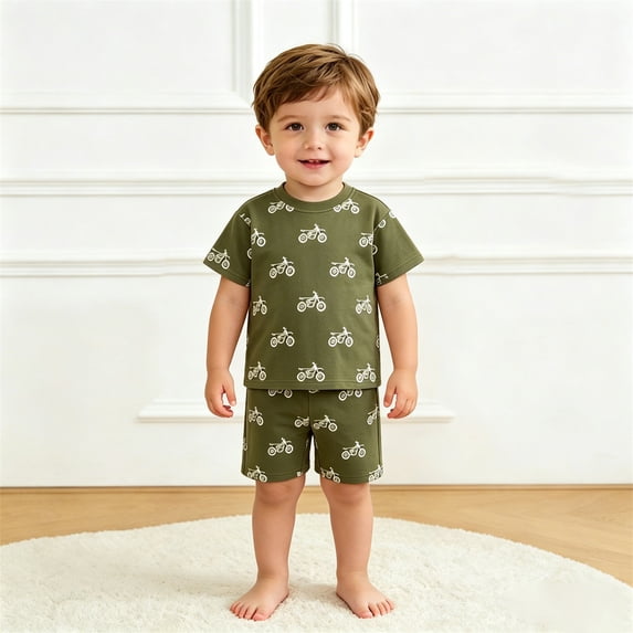 Gyexs Boys Cotton Shorts Set 2 Piece Summer Clothes Toddler Motorcycle Prints Cute Outfits Army Green, 13-14 Years
