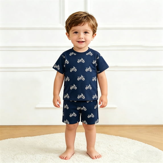 Gyexs Boys Cotton Shorts Set 2 Piece Summer Clothes Toddler Motorcycle Prints Cute Outfits Navy, 7-8 Years