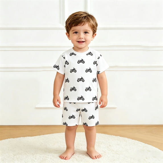 Gyexs Boys Cotton Shorts Set 2 Piece Summer Clothes Toddler Motorcycle Prints Cute Outfits White, 7-8 Years