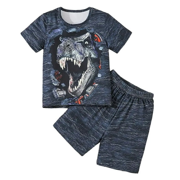 Gyexs Boys Dinosaur Summer Clothing Set Size 11-12 Cartoon Print Short Sleeve Tops Shorts 2 Piece Outfit Sets Gym Sports Kids Clothes (Sportswear, E02 Navy, Tweens)
