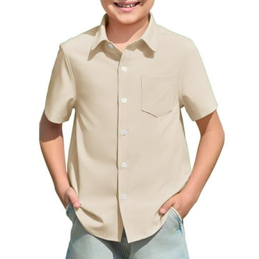 Gyexs Boys Dress Shirts Button Down Short Sleeve Shirt Kids Summer Casual Shirts with Pockets 5-14 Years (Beige, 7-8 Years)