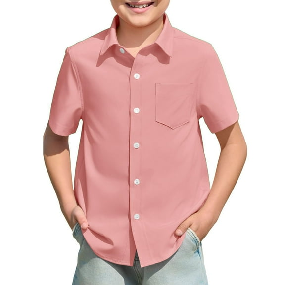 Gyexs Boys Dress Shirts Size 7-8 Button Down Short Sleeve Shirt Kids Summer Casual Shirts with Pockets 5-14 Years (Pink, 7-8 Years)