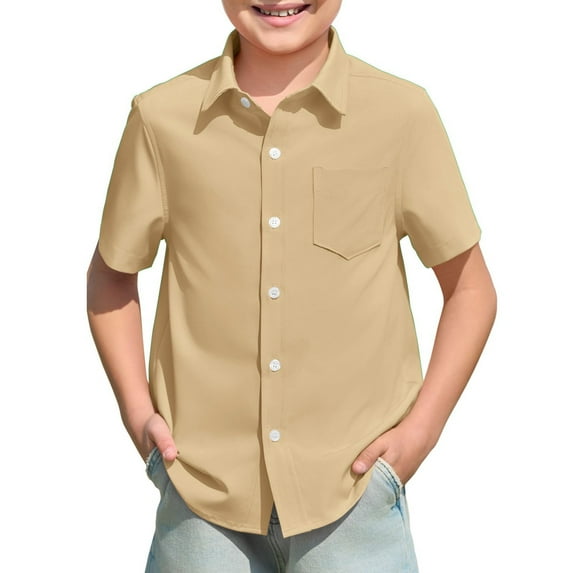 Gyexs Boys Dress Shirts Size 9-10 Button Down Short Sleeve Shirt Kids Summer Casual Shirts with Pockets 5-14 Years (Khaki, 9-10 Years)