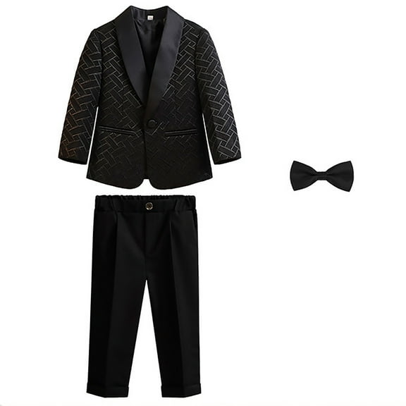 Gyexs Boys Formal Suit Set 2-3 Years Black Slim Fit Suit Fashion Plaid Print Blazers Pants Bowtie 3 Piece Outfits Dresswear Suit Set