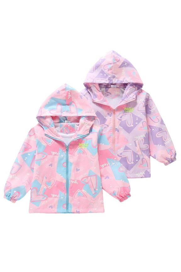 Boys Girls Rain Jacket Cute Heart Print Lightweight Waterproof Hooded Lined Raincoat Windbreakers (Purple, 6-7 Years)