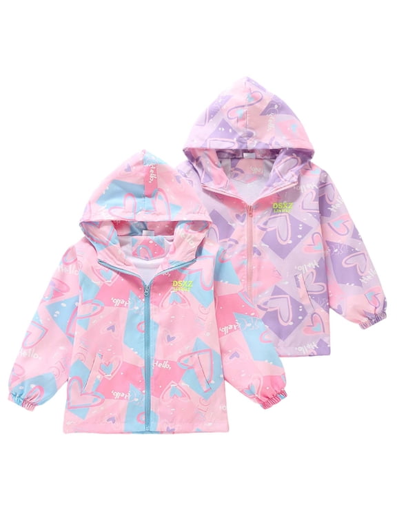 Boys Girls Rain Jacket Cute Heart Print Lightweight Waterproof Hooded Lined Raincoat Windbreakers (Red, 8-9 Years)