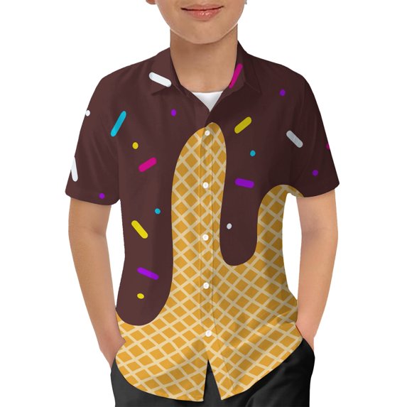 Gyexs Boys Short Sleeve Button Down Shirts Size 10-12 Ice Cream Day Graphic Tees Shirts Kids Summer Casual Dress Shirt (Brown, 5-6 Years)